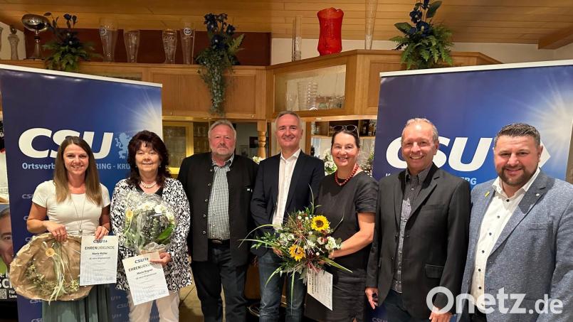 Die Geehrten des CSU-Ortsverbandes Raigering-Krumbach mit den Ehrengästen (von links): Maria Müller, Maria Bogner, Werner Biehler, Landtagsabgeordneter Harald Schwartz, Karin Müller-Popp, Kreisvorsitzender Thomas Bärthlein und Ortsvorsitzender Daniel Müller. Bild: CSU Raigering-Krumbach/exb