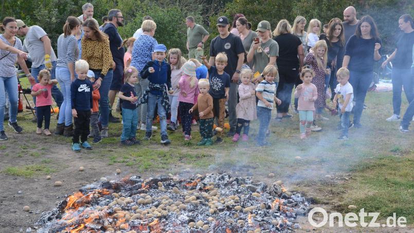 Aus sicherer Entfernung werfen die Kinder des Kinderhaus St. Pankratius Parkstein ihre Kartoffeln in die Glut. Bild: bey
