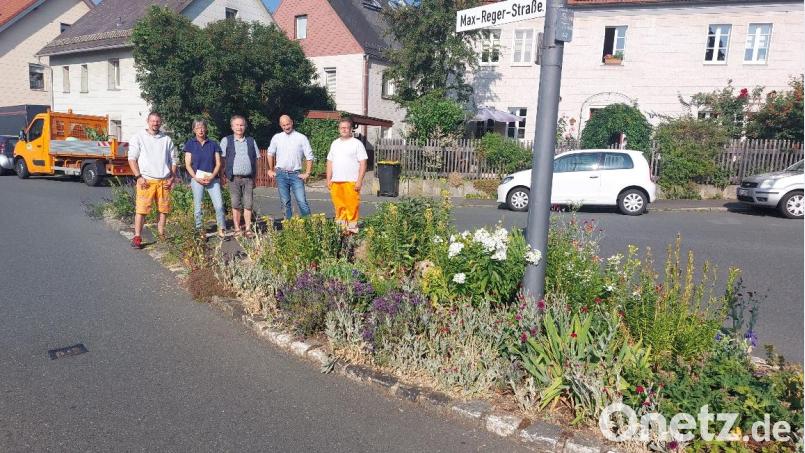 Stadtgärtner Manuel Küspert, Karin Pitzl und Thomas Pitzl, Bauamtsleiter Stefan Büttner sowie Stadtgärtner Wolfgang Frank-Feist freuen sich über die bunt blühende Verkehrsinsel. Bild: Stadt Marktredwitz/exb