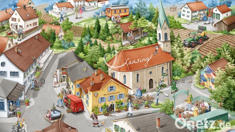 So sieht das Fernsehdorf Lansing, Schauplatz von "Dahoam is dahoam", aus der Feder der Illustratorin Daniela Grabner aus. Dieses Motiv hat sie für ein Puzzle aus dem Hause "PuzzleYou" entworfen. Bild: PuzzleYou/Daniela Grabner