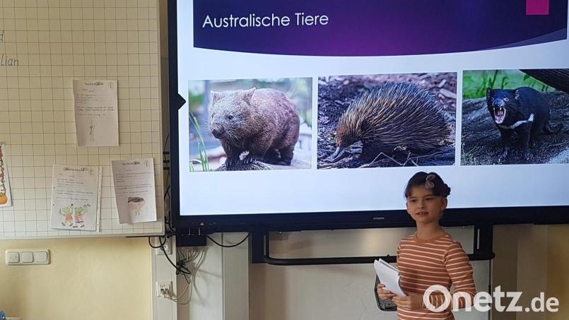 Emilia Hartweg erzählte bei ihrer Präsentation an der Grundschule Waldsassen auch von der australischen Tierwelt. Bild: Kerstin Münchmeier/exb