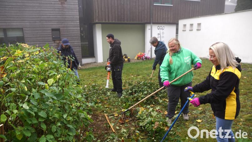 Martina Pöllath, Michael Jürgens, Steffi Kunnert, Manuela Friede und Sonja Scholz (von links) sorgten unter anderem dafür, dass diese Hecke wieder den richtigen Zuschnitt erhielt. Bild: bkr