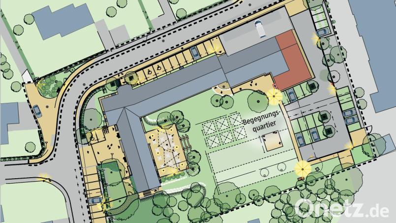 Eine Skizze des Freigeländes rund um das Ärztehaus in Neusorg. Grafik: Jakob Graf/Marina Gube/Quelle: Kuchenreuther Architekten und Stadtplaner