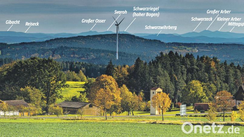 Der Blick vom Rotbühl im Landkreis Amberg-Sulzbach Richtung Ost-Südost. Bild: Rudi Wilhelm / Grafik: Oberpfalz-Medien