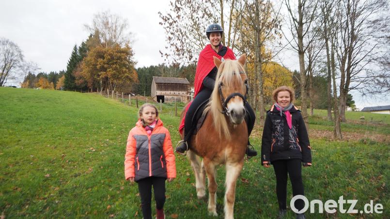 Flankiert von Leonie (links) und Marie Bauer führt Carolin Rosenmüller seit drei Jahren als Sankt Martin den Umzug des Kindergartens in Pertolzhofen an und lässt dabei die Vorsicht nie außer Acht. . Bild: bl