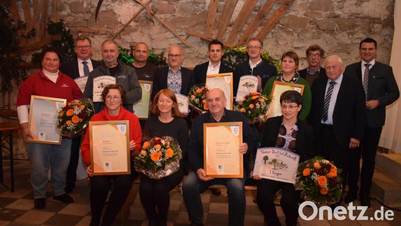 Die Vertreter der fünf Ortschaften, die am Wettbewerb &quot;Unser Dorf hat Zukunft&quot; teilgenommen haben, werden mit Gold und Silber belohnt. Begleitet werden sie von den jeweiligen Bürgermeistern. Die Auszeichnung nehmen Landrat Thomas Ebeling und Kreisfachberater Wolfgang Grosser vor. Bild: bnr