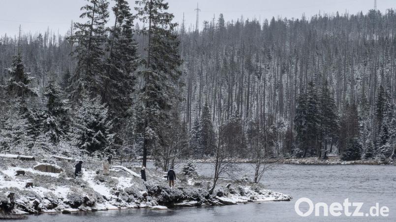 Wanderer gehen am leicht verschneiten Oderteich im Harz spazieren. Bild: Swen Pförtner/dpa