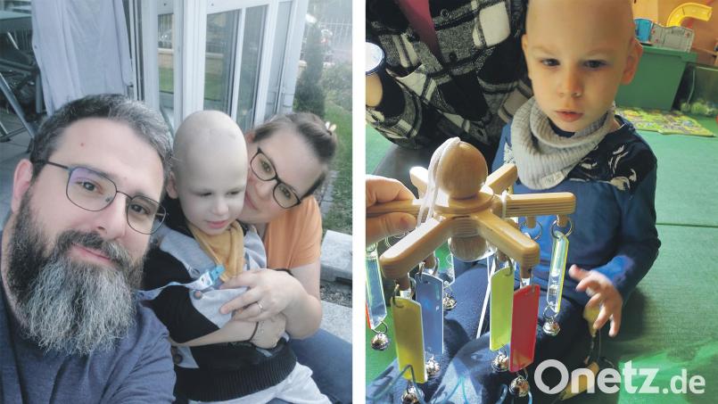 Stefan und Karina Lehmann sind immer an Henris Seite (Bild links). Auf dem rechten Bild ist zu sehen, wie Henri eine Therapiestunde des Blindeninstituts bekommt. Bildmontage: Laura Fröhler/Karina Lehmann/Stefan Lehmann