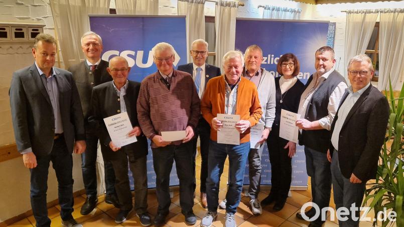 Die CSU Süß ehrt langjährige Mitglieder (von links): Ronald List, Landtagsabgeordneter Harald Schwartz, Norbert Bösl, Hermann Dotzler, Bürgermeister Bernhard Lindner, Hans Koch, Johann Lederer, Dritte Bürgermeisterin Evi Höllerer, Josef Bauer und stellvertretender Ortsvorsitzender Manfred Wendl. Bild: ufh