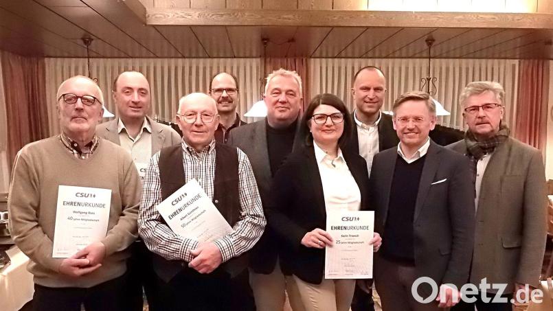 Ehrungen bei der CSU Fuchsmühl: Vorne von links Wolfgang Dutz, Albert Günthner, Karin Troesch, Landtagsvizepräsident Tobias Reiß, hinten von links Willi Staufer, Xaver Stock, Markus Troesch, Maximilian Heinzl, Wolfgang Braun. Bild: CSU Fuchsmühl/exb
