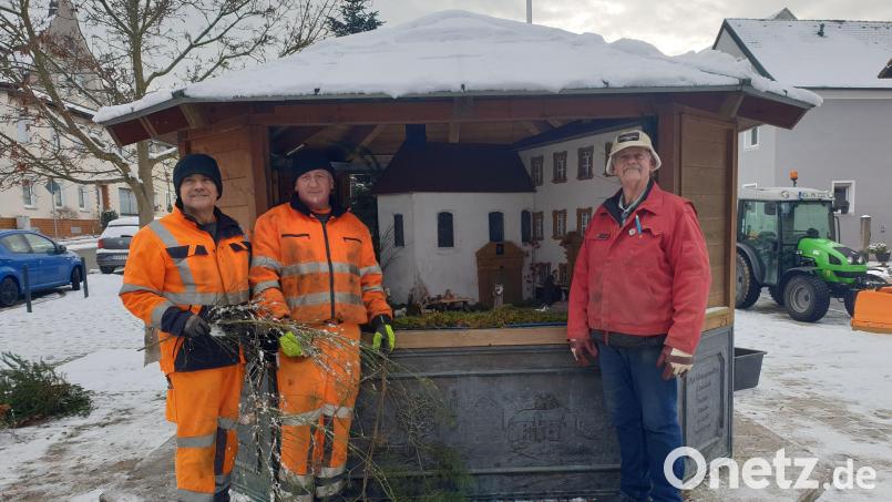 Unter Aufsicht der Krippenerbauers, Bernhard Kraus, stellten die Bauhofmitarbeiter die Krippe auf. Bild: hme