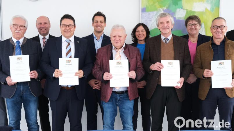 Die Empfänger der kommunalen Dankurkunde mit ihren Bürgermeistern (von links): Georg Hoffmann, Walter Spirk, Thomas Neidl, Thomas Falter, Rudolf Teplitzky, Peter Forster, Heike Faltermeier, Alois Wittmann, Anita Forster, Richard Brunner und Landrat Thomas Ebeling. Bild: Hirsch