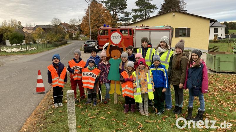 Mit selbstgemalten Hinweistafeln möchte die Kinderfeuerwehr Meerbodenreuth die Aufofahrer zum langsam Fahren bringen. Bild: exb/Reichl