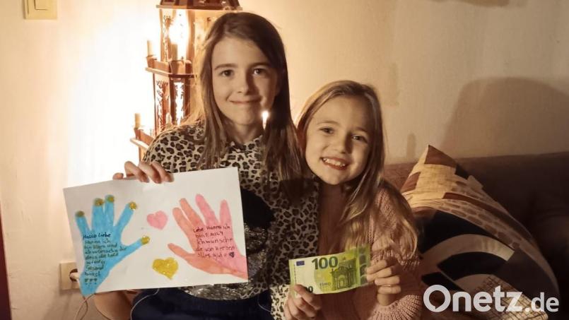 Emily Brust (links) und Klara Schiller wollten Hanna aus Püchersreuth nicht nur die 100 Euro spenden, sondern haben sogar ein Bild gemalt. Bild: Schiller/exb