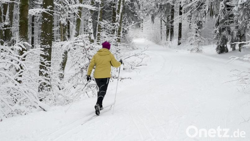 Eine Skilangläuferin ist im winterlich verschneiten Wald unterwegs. Der Heimatverein Mähring teilt mit, dass die drei Loipen rund um die Marktgemeinde gespurt und bereit für Wintersportler sind. Symbolbild: Daniel Vogl/dpa