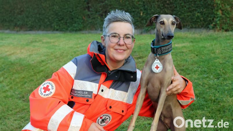 Windhund Hannes und Besitzerin Stephanie Schüler sind bei der BRK-Rettungshundestaffel Weiden ein eingespieltes Team. Bild: exb/Melanie Dirscherl
