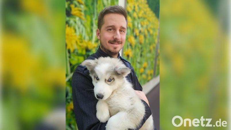 Tierlieb zeigt sich Polizeihauptmeister Matthias Männl. Er nimmt Husky-Welpe Maya auf den Arm. Bild: POK Matthias Meier/Polizeiinspektion Tirschenreuth