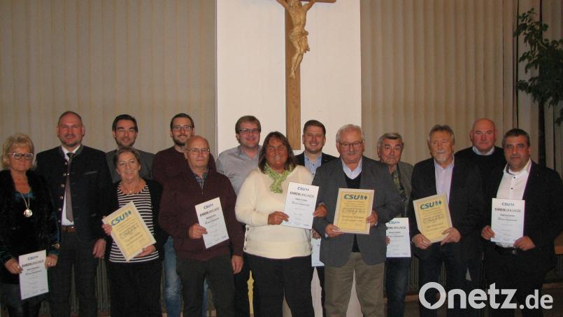 Vorsitzender Christoph Müller (hintere Reihe, Dritter von links) und Bürgermeister Richard Kammerer (Zweiter von links) ehren mit Landtagsabgeordnetem Stephan Oetzinger (hintere Reihe, links) langjährige Mitglieder. Rita Steiner, Josef Wittmann und Ernst Heisl (vordere Reihe, Erste, Vierter und Fünfter von links) sind neue Ehrenmitglieder. Bild: knh