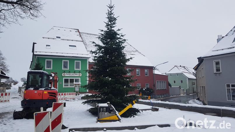 Mitten in der zugeschneiten Baustelle sorgt der Weihnachtsbaum für das adventliche Grün. Bild: gi