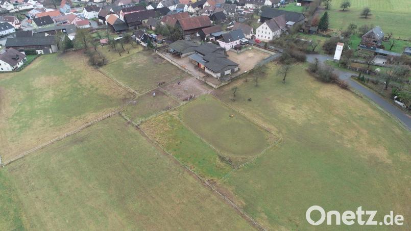 Der geplante Pferdehof ist auf das eingefriedete Areal (oben) begrenzt. Im unteren Bereich grenzt unmittelbar das geplante Baugebiet &quot;Aign&quot; der Gemeinde Etzenricht an, für das der Gemeinderat nachteilige Auswirkungen befürchtet. Bild: bey
