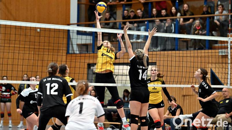 Lisa Großmann (Mitte) vom SV Hahnbach kann in dieser Szene den Ball gefühlvoll über das Netz in die gegnerische Hälfte befördern, beobachtet von Lisa Petermeier und Celine Schüll (von links) sowie Kapitänin Julia Polito (rechts). Der SV Hahnbach siegte mit 3.1. Bild: Hubert Ziegler