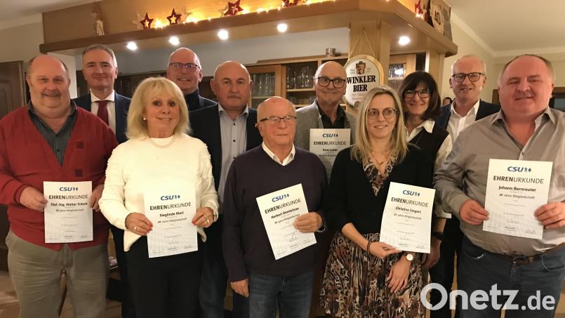 Der CSU-Ortsverband Hahnbach ehrt langjährige Mitglieder. Ihnen gratulieren (zweite Reihe, von links) Kreisvorsitzender Harald Schwartz, Eduard Freisinger von der Lebenshilfe Amberg, CSU-Ortsvorsitzender Georg Götz, Zweite Bürgermeisterin Evi Höllerer und Bürgermeister Bernhard Lindner. Bild: mma