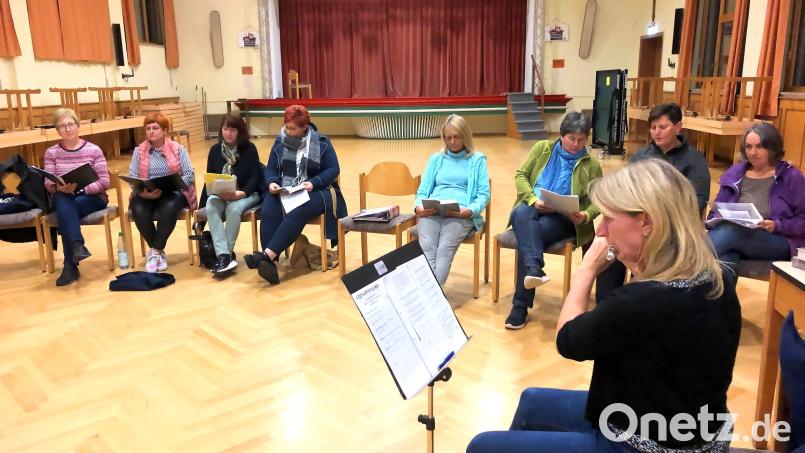 Bei den Proben greift die Leiterin des Singkreises, Karin Gerolstein (rechts), öfter auch zur Querflöte. Bild: wro
