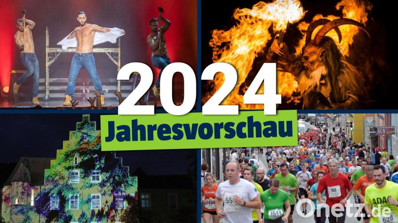 Stripper, gruselige Gestalten, die Amberger Luftnacht, der Nofi-Lauf: Das Jahr 2024 hat in der Oberpfalz einiges zu bieten. Bild: dpa, Tobias Neubert, Wolfgang Steinbacher, Gabi Schönberger