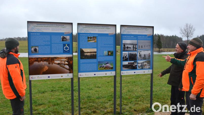 Revierleiter Michael Pröls, Teich- und Fischwirt Thomas Beer von der Arge Fisch und Forstbetriebsleiter Norbert Zintl (von links vor den Info-Tafeln entlang des Sterzer Rundwegs. Bild: jr