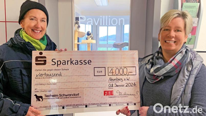 Marina Pongratz (kaufmännische Verwaltung bei FEE, rechts) übergibt die Spende in Höhe von 4000 Euro an Gabi Hahn, die Vorsitzende des Tierschutzvereins Stadt und Landkreis Schwandorf. Bild: Marina Pongratz/exb