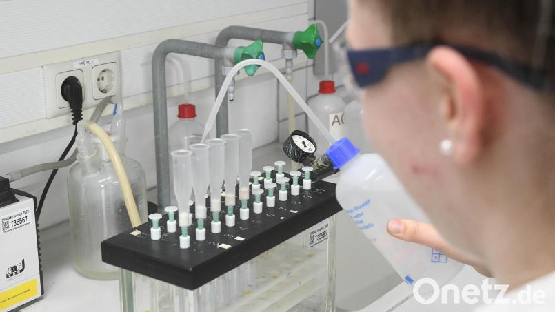 Eine Synlab-Mitarbeiterin wertet im Labor an der Kesselschmiede Haar- und Urinproben aus. Die IG BCE ruft die Beschäftigten dazu auf, am Dienstag für mehr Lohn zu streiken. Bild: Gabi Schönberger