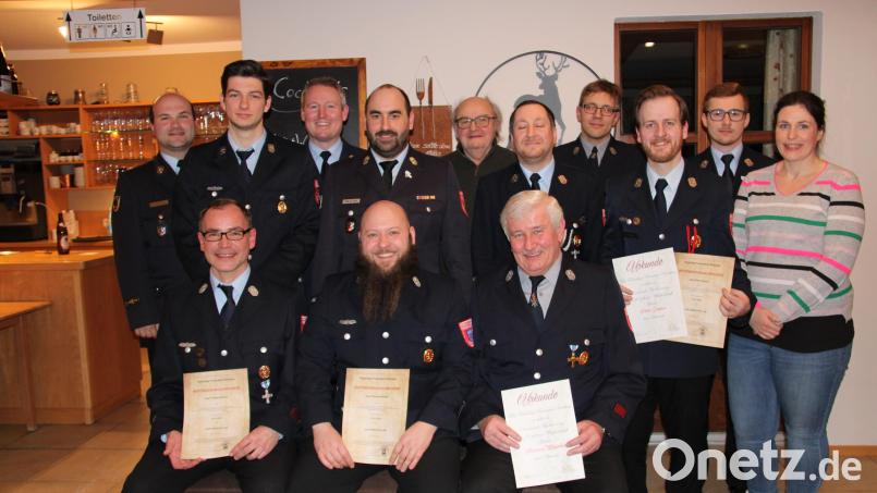 Peter Greiner (stehend, Dritter von rechts) wurde erneut zum Vorsitzenden und Manuel Bock (stehend, Vierter von links) zum Kommandanten der Feuerwehr Roschau gewählt. Zahlreiche Mitglieder wurden für langjährige Treue geehrt. Bild: prh