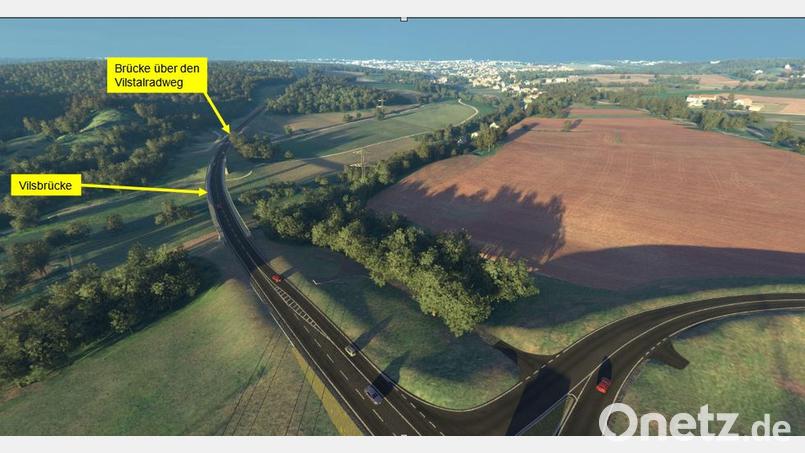 Die Visualisierung zeigt den Teil der Westumfahrung, an dem die Brücke über den Vilstalradweg, die heuer noch fertig werden soll, und die Vilsbrücke, deren Baubeginn im Jahr 2023 geplant ist, zu sehen sind. Die Abzweigung unten rechts wird später einmal zu einem Kreisel führen, der die Autos nach Ebermannsdorf und zurück auf die Vilstalstraße bringt. Nach oben verläuft die Straße auf dem Bild in Richtung Grammer in Haselmühl. Stefan Noll weist darauf hin, dass es bei der Grafik um eine Vorab-Visualisierung handelt, die sich im Laufe des Bauprojekts noch verändern kann. Grafik: Kleeblatt Medien GmbH/exb