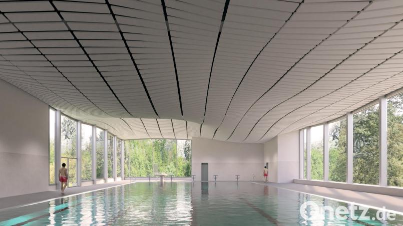 Alles Wasser: Das wellenförmige Dach des neuen Hallenbads soll das Thema Schwimmen und Freizeit symbolisieren. Grafik: studio gollwitzer architekten GmbH München