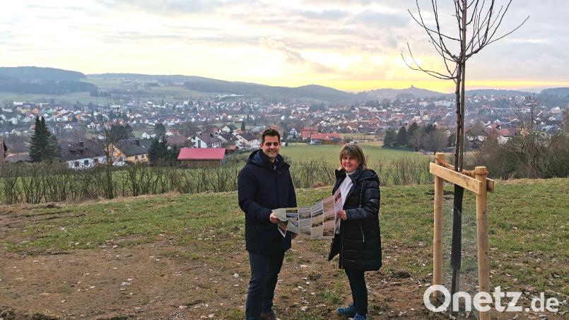 Ein herrlicher Blick über Oberviechtach im Sonnenuntergang: Bürgermeister Rudolf Teplitzky und Touristinfo-Leiterin Sigrid Breitschafter informieren am Galgenberg über die Idee einer Panorama-Sitzbank am Aussichtsplateau beim neuen Wasserwerk. Bild: Portner
