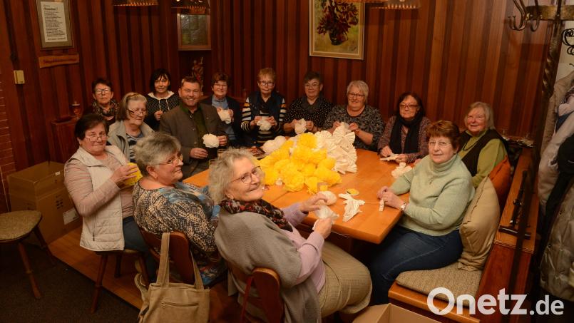 Seit Jahresanfang wird regelmäßig gezupft, um die mehr als 10.000 Papierservietten in Rosen für den Festwagen beim Pleysteiner Faschingszug zu verwandeln. Bild: bey