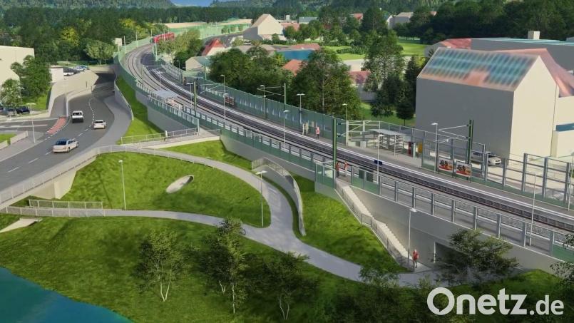 So könnte es in Nabburg aussehen, wenn die Innerortsumgehung gebaut, der Bahnhof in die Georgenstraße verlegt wird und die Lärmschutzwände stehen. Grafik: Deutsche Bahn/exb