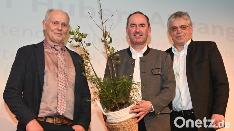 Gerhard Gradl, Vorsitzender der Forstbetriebsgemeinschaft Amberg-Schnaittenbach (links) und Geschäftsführer Uli Hausmann (rechts) überreichen Hubert Aiwanger Jungpflanzen für dessen Privatwald: Eiche, Elsbeere, Haselnuss, Schwarzkiefer und Lärche. Bild: gf