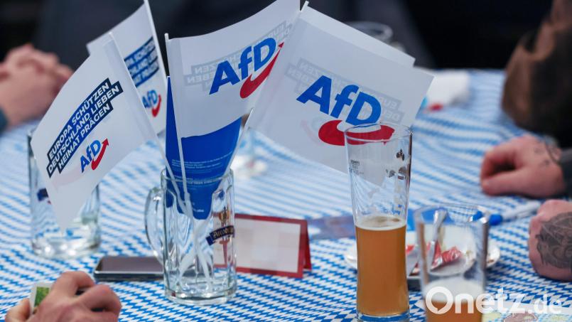 Beim Politischer Aschermittwoch der AfD stehen Fahnen der Partei auf dem Biertisch. Der Verfassungsschutz warnt vor Vernetzung der Partei mit Rechtsextremisten Bild: Daniel Löb/dpa