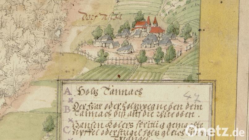 Ansicht von Aschach &quot;Dorf Ascha&quot;. Ausschnitt aus einer handgezeichneten Karte von 1589. Das Staatsarchiv Amberg lädt am Samstag, 2. März, zum bundesweiten Aktionstag &quot;Tag der Archive&quot; ein. Repro: Staatsarchiv Amberg/exb