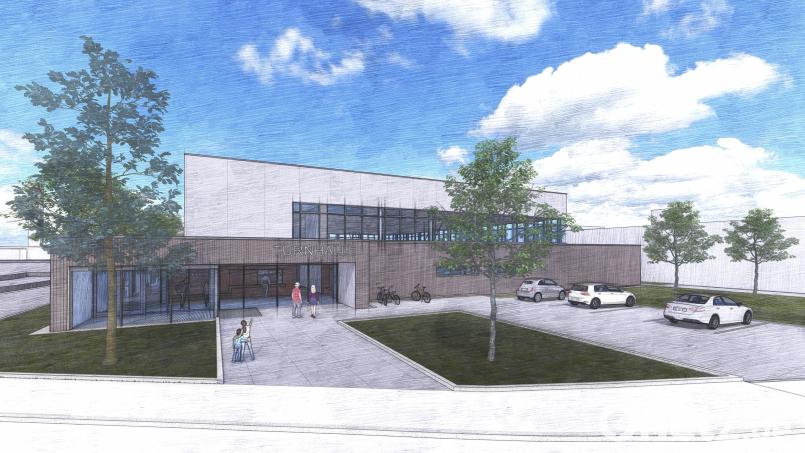 Im Entwurf steht schlicht „Turnhalle“: Was künftig über dem Eingang der neuen Dreifachturnhalle im Marktredwitzer Schulzentrum zu lesen sein wird, dürfen jetzt die Bürger entscheiden. Grafik: djb-Architekten/exb