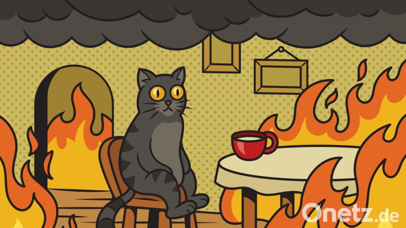 &quot;This is fine&quot; (Alles gut) – ein GIF und Meme Klassiker. Hier etwas anders interpretiert, mit Katze. Dieses Bild wird normalerweise verwendet, wenn alles aus dem Ruder läuft, du aber so tust, als wäre alles in Ordnung. Bild: Oleksandr Pokusai/Adobe Stock