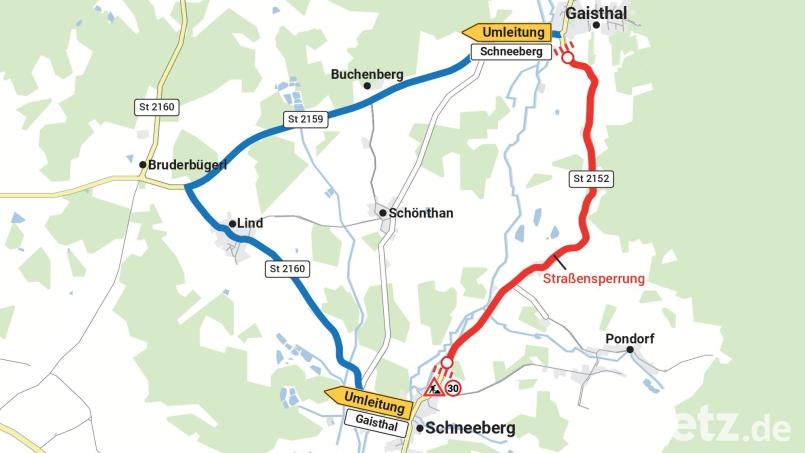 Ab Montag, 11. März, ist die Straße zwischen Schneeberg und Gaisthal für drei Tage gesperrt. Die Umleitungsstrecke ist ausgeschildert. Grafik: Oberpfalz-Medien, Laura Fröhler/Quelle: Martin Paulus, Staatliches Bauamt Amberg-Sulzbach,
