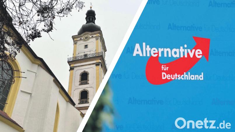Das geht nicht zusammen: die Kirche (hier: St. Michael in Weiden) und das Logo der AfD. Vertreter der katholischen und der evangelischen Kirche warnen vor Rechtsextremismus – auch vor der AfD. Bildmontage: Gabi Schönberger, Marina Gube, Nicolas Armer/dpa