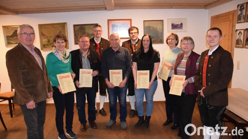 Ehrung der langjährigen Mitglieder. Von links 2. Bürgermeister Martin Bauer, Sonja Fischer, Josef Werner, Alexander Böhm, Dietmar Kern, Christian Bäuml, Sabrina Weigert, Emmi Luschmann-Birzer, Maria Schmalzbauer und Vorsitzender Andreas Preußl. Bild: bö