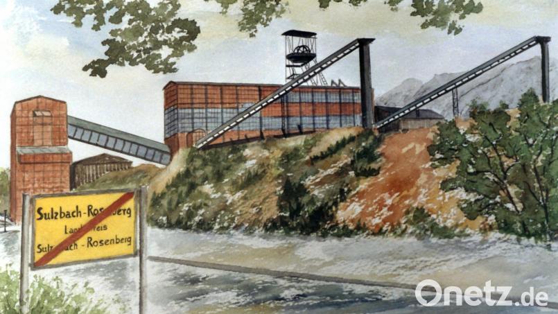 Der Eichelbergschacht als Aquarell von Ilse Hutterer: 1977 musste diese Grube stillgelegt werden, da die konkurrierenden Auslandserze immer billiger wurden und zudem einen höheren Eisengehalt vorweisen konnten. Bild: Archiv Kraus
