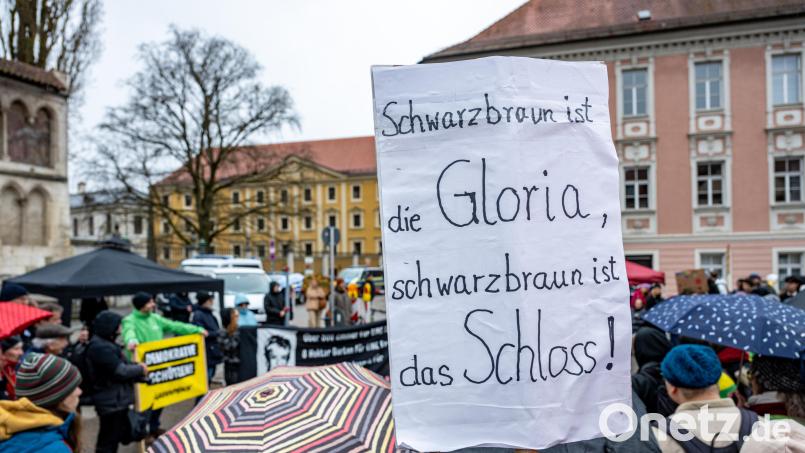 „Schwarzbraun ist die Gloria, schwarzbraun ist das Schloss!“: Protestiert wurde am Sonntag vor dem Schloss St. Emmeram gegen Fürstin Gloria sowie gegen Rechtsextremismus. Bild: Armin Weigel/dpa