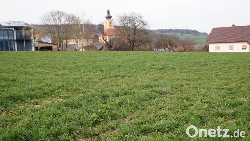 Mit Blick auf Kirche und Rathaus (blaues Gebäude) liegt das Baugebiet &quot;Am Heiglfeld&quot; am Ortsrand von Dieterskirchen in Richtung Prackendorf und bietet sechs Bauparzellen. Bild: wel