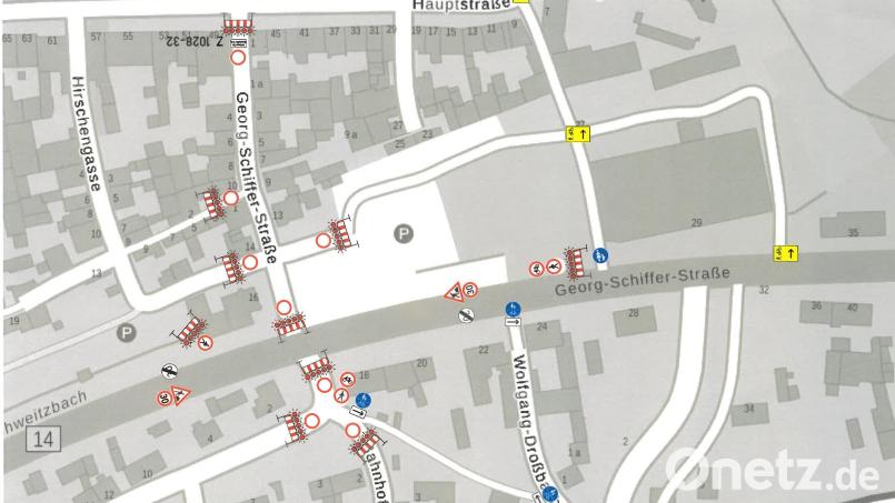 Darstellung der Verkehrseinschränkungen in der Hirschauer Innenstadt durch den Umbau der Georg-Schiffer Straße vom Marktplatz bis zur Ampel bei der Ortsumgehung. Bild: Bauamt der Stadt Hirschau/exb