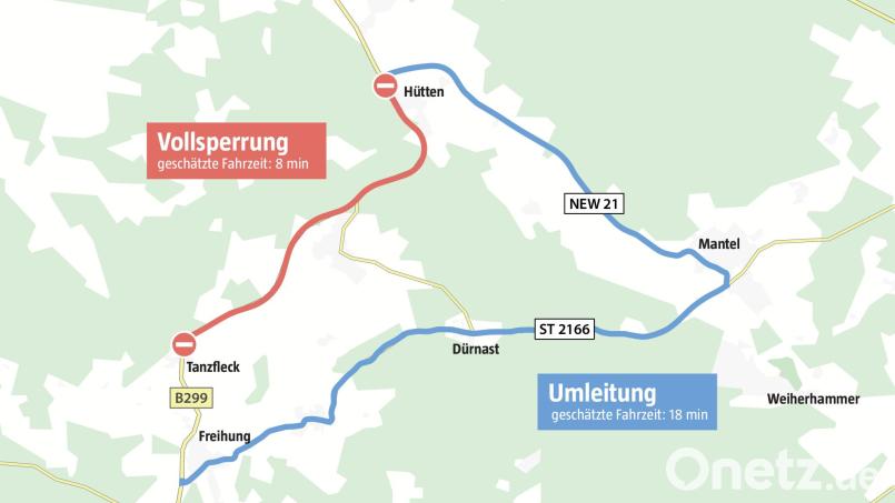 Bauarbeiten auf der B299 zwischen Freihung und Hütten machen derzeit eine Umleitung nötig. Grafik: Meier, Marco